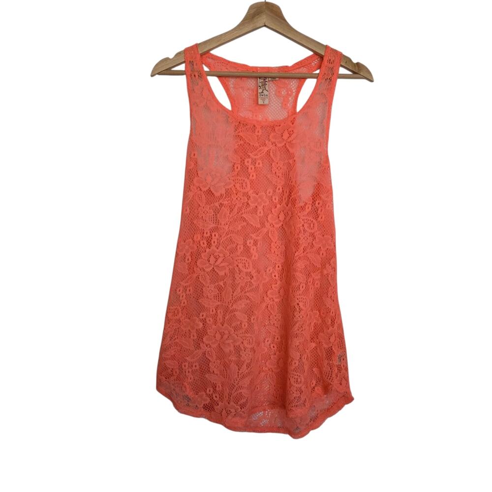 Miken Swim Bright Orange Floral Lace Crochet Racerback Tank Top Coverup LARGE